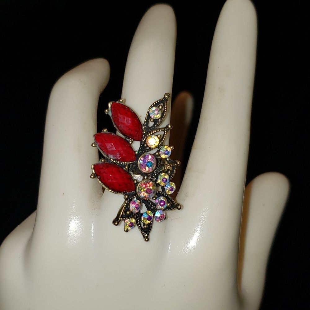 VNTG Ruby Red Irreedecent Rhinestone Adjustable Cocktail Ring
